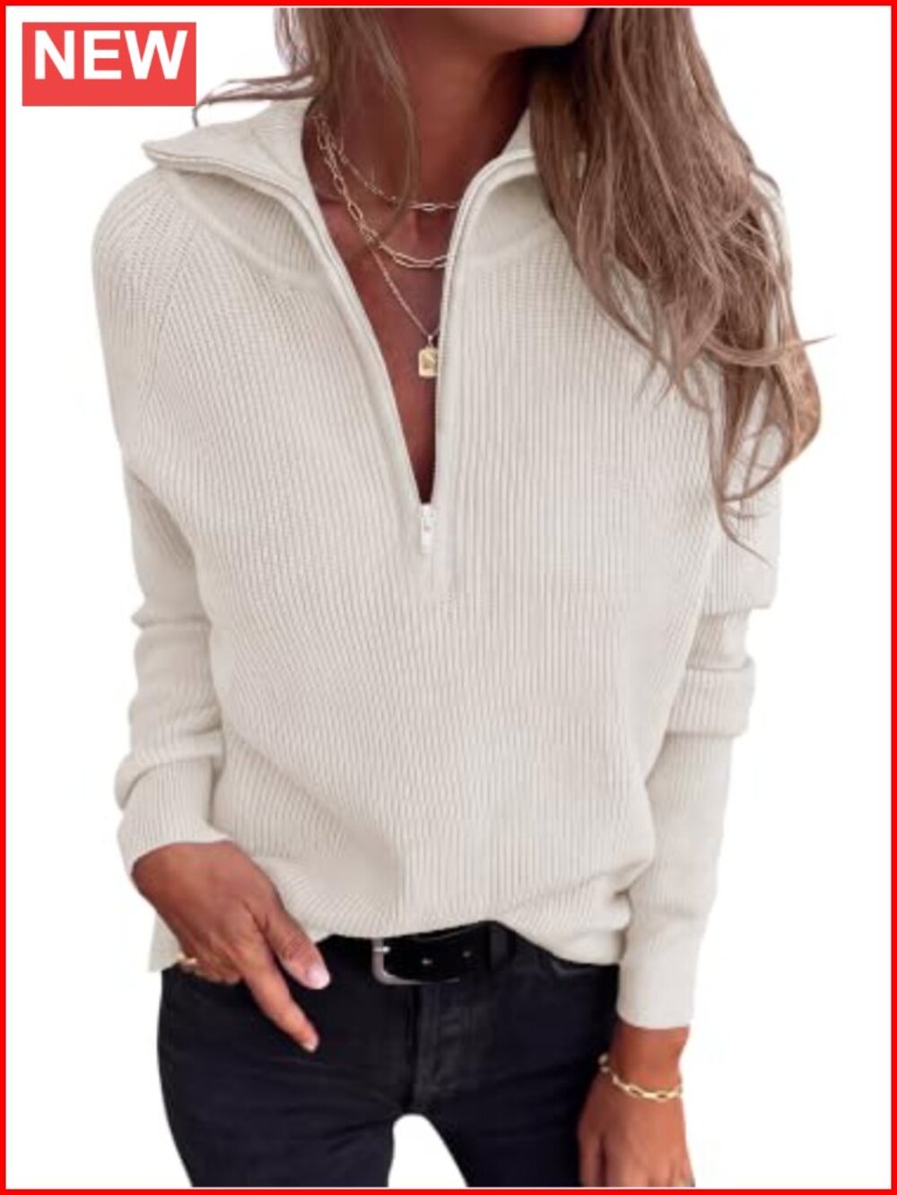 Quarter Zip Pullover Sweater Ribbed Knit Long Sleeve Women's